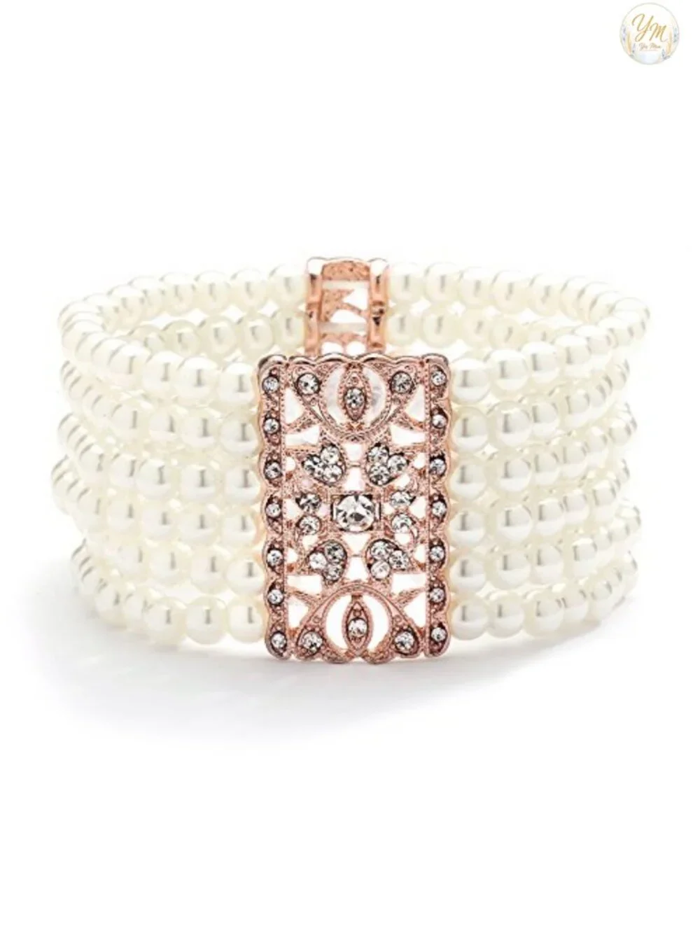 14K Rose Gold Plated Stretch Cuff Bracelet with Crystal Accents, Vintage Bridal
